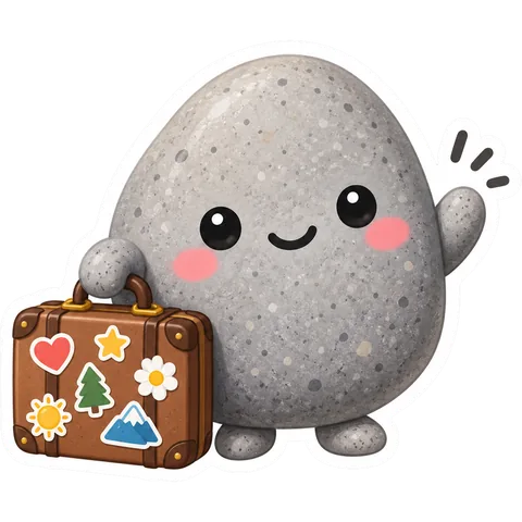 Rocky the pet rock holding a suitcase, waving